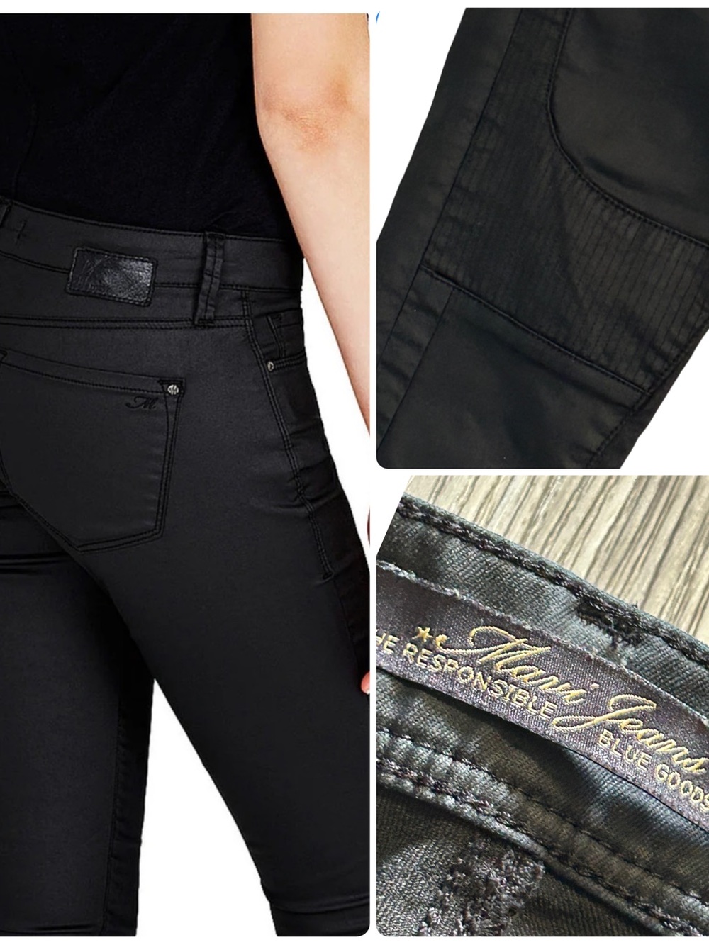 Mavi Chloe Moto Biker Style Black Coated Skinny Jeans with Paneled Knee Detail